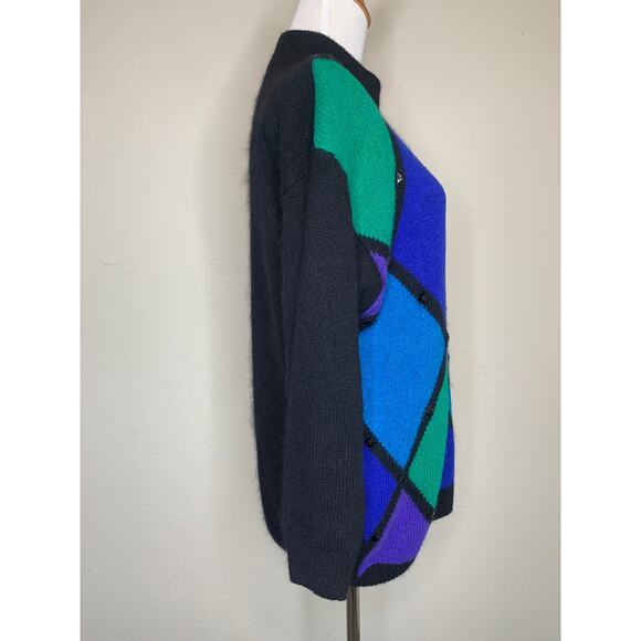 Vintage Silk Angora Blend Black Blue Diamond Beaded Sweater Sz Large - Picture 4 of 9